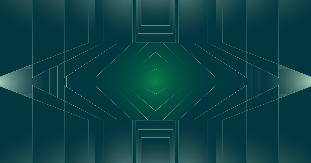 Abstract geometric digital art with symmetrical patterns and green gradient background. Features overlapping lines and radiating shapes, creating a futuristic, tech-inspired aesthetic.